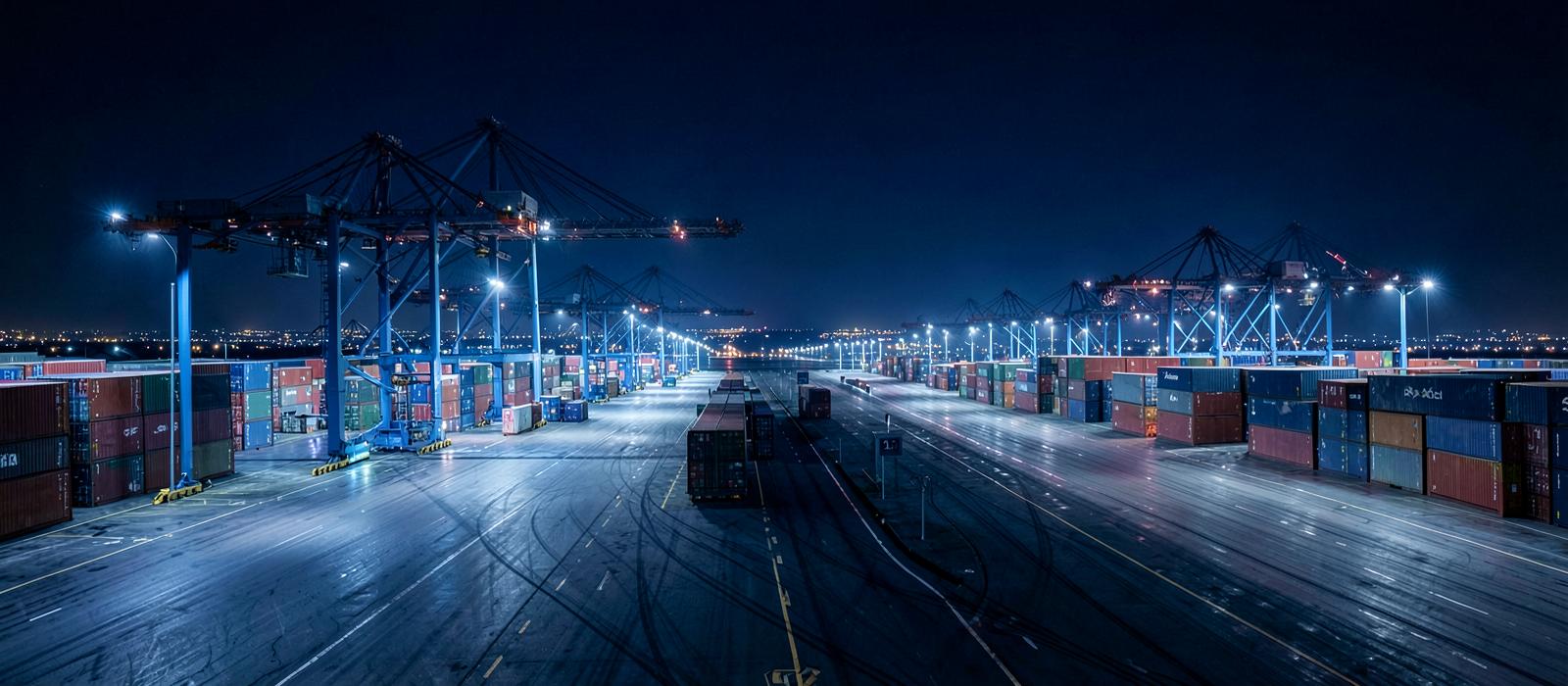 Terminal portuaria iluminada durante la noche